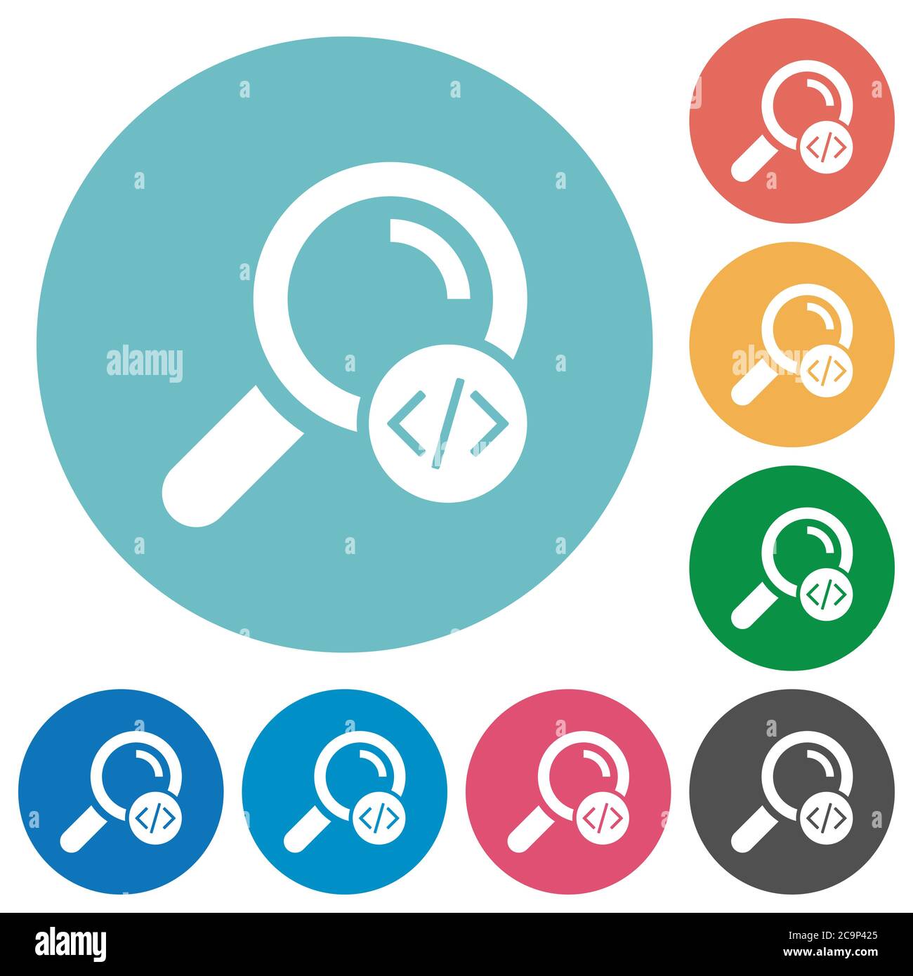 Search programming code flat white icons on round color backgrounds Stock Vector