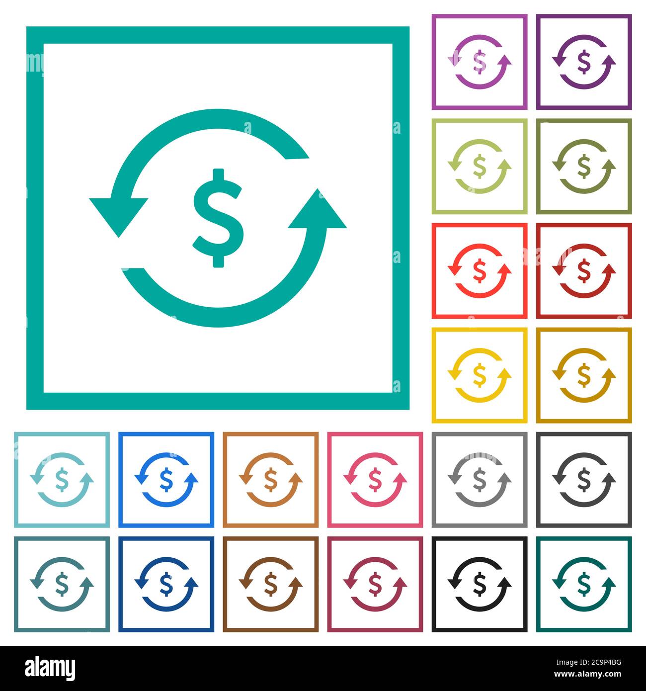 Dollar pay back flat color icons with quadrant frames on white ...