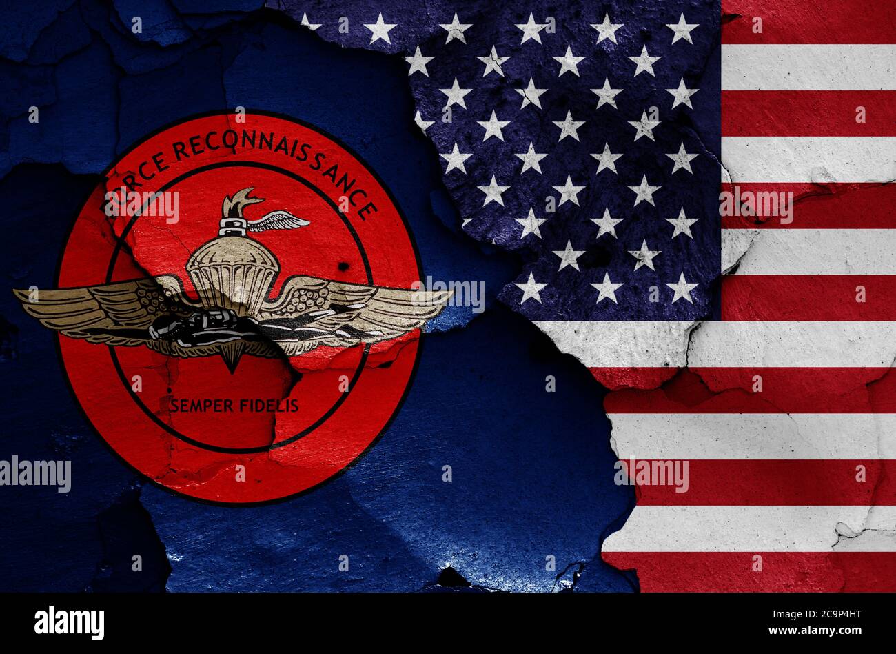 flags of United States Marine Corps Force Reconnaissance and USA painted on cracked wall Stock Photo