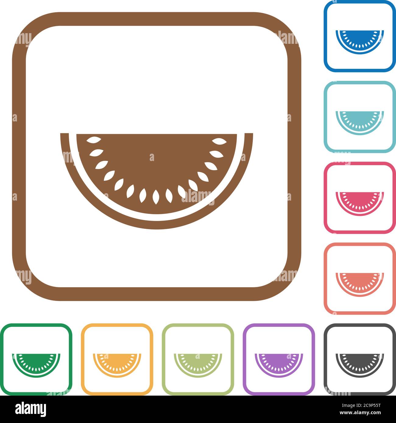 Slice of watermelon simple icons in color rounded square frames on ...