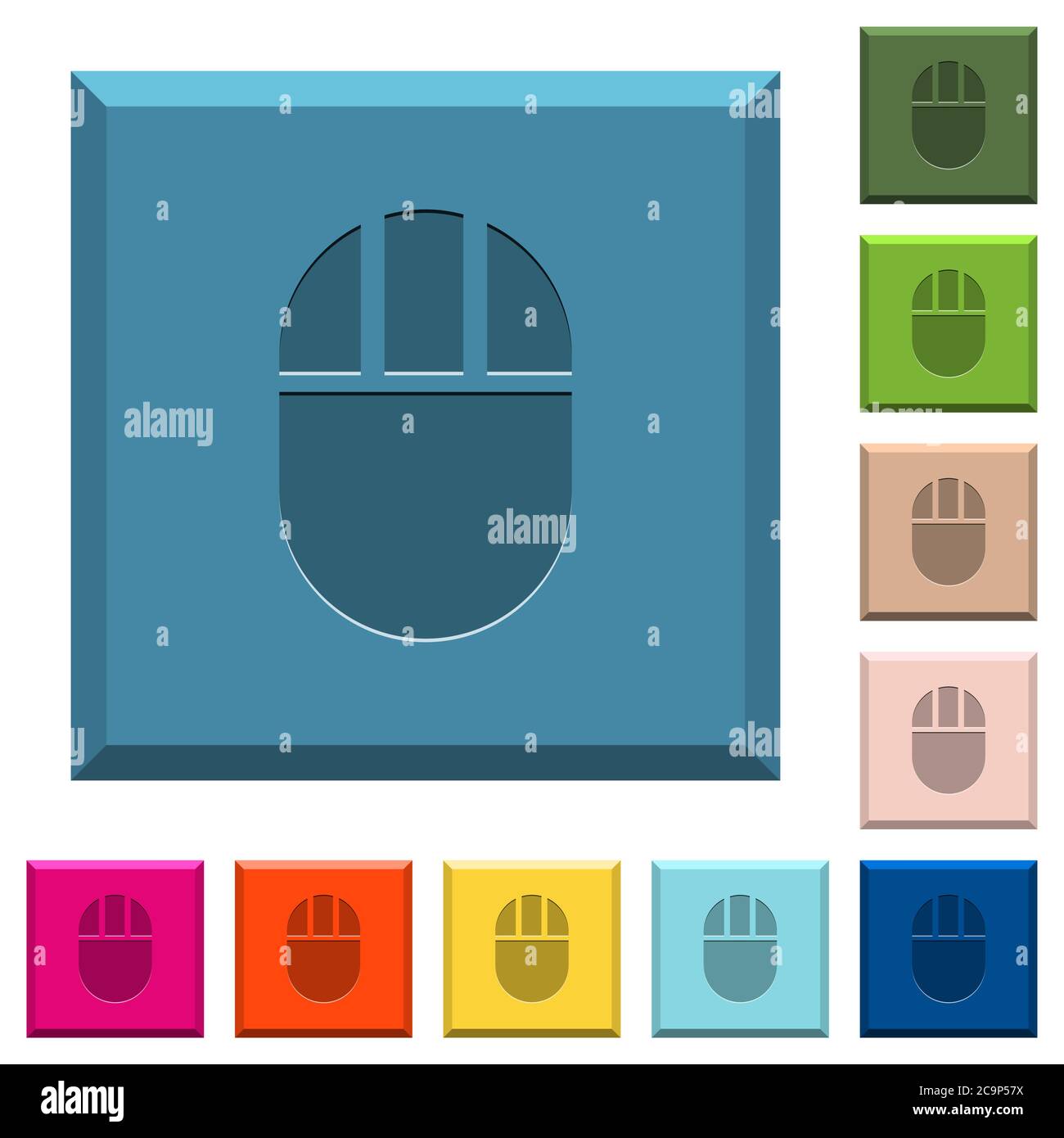 Three buttoned computer mouse engraved icons on edged square buttons in various trendy colors Stock Vector