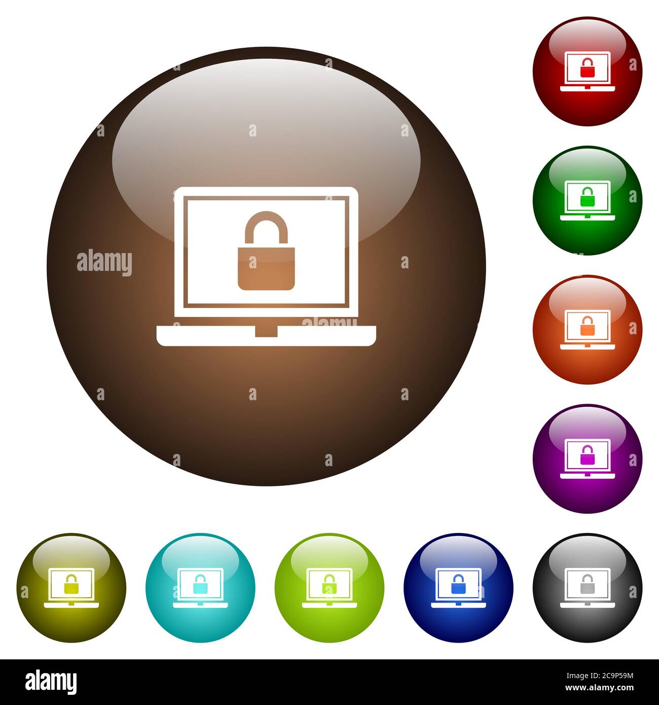 Locked laptop white icons on round color glass buttons Stock Vector ...