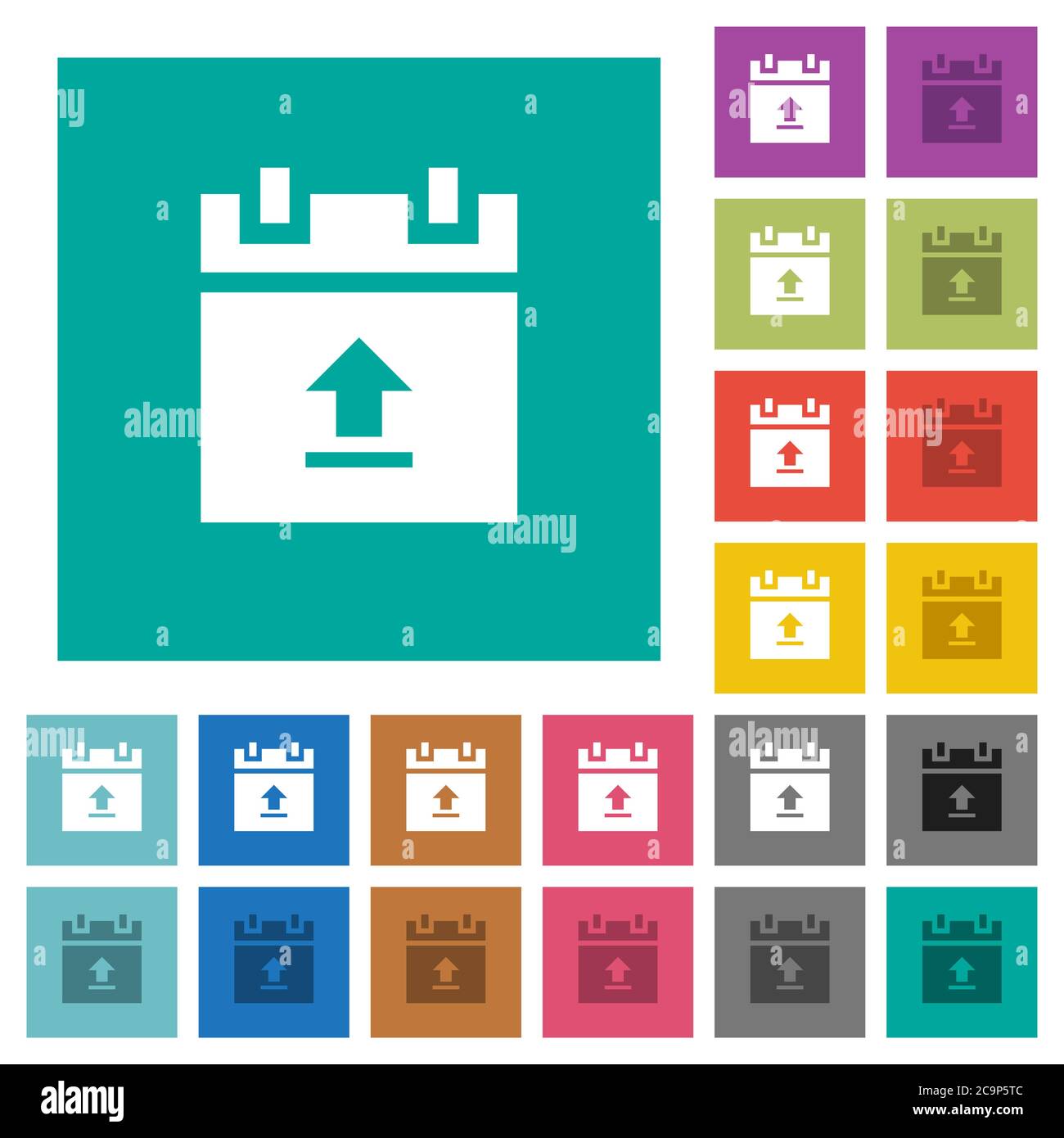 Upload schedule data multi colored flat icons on plain square backgrounds. Included white and darker icon variations for hover or active effects. Stock Vector