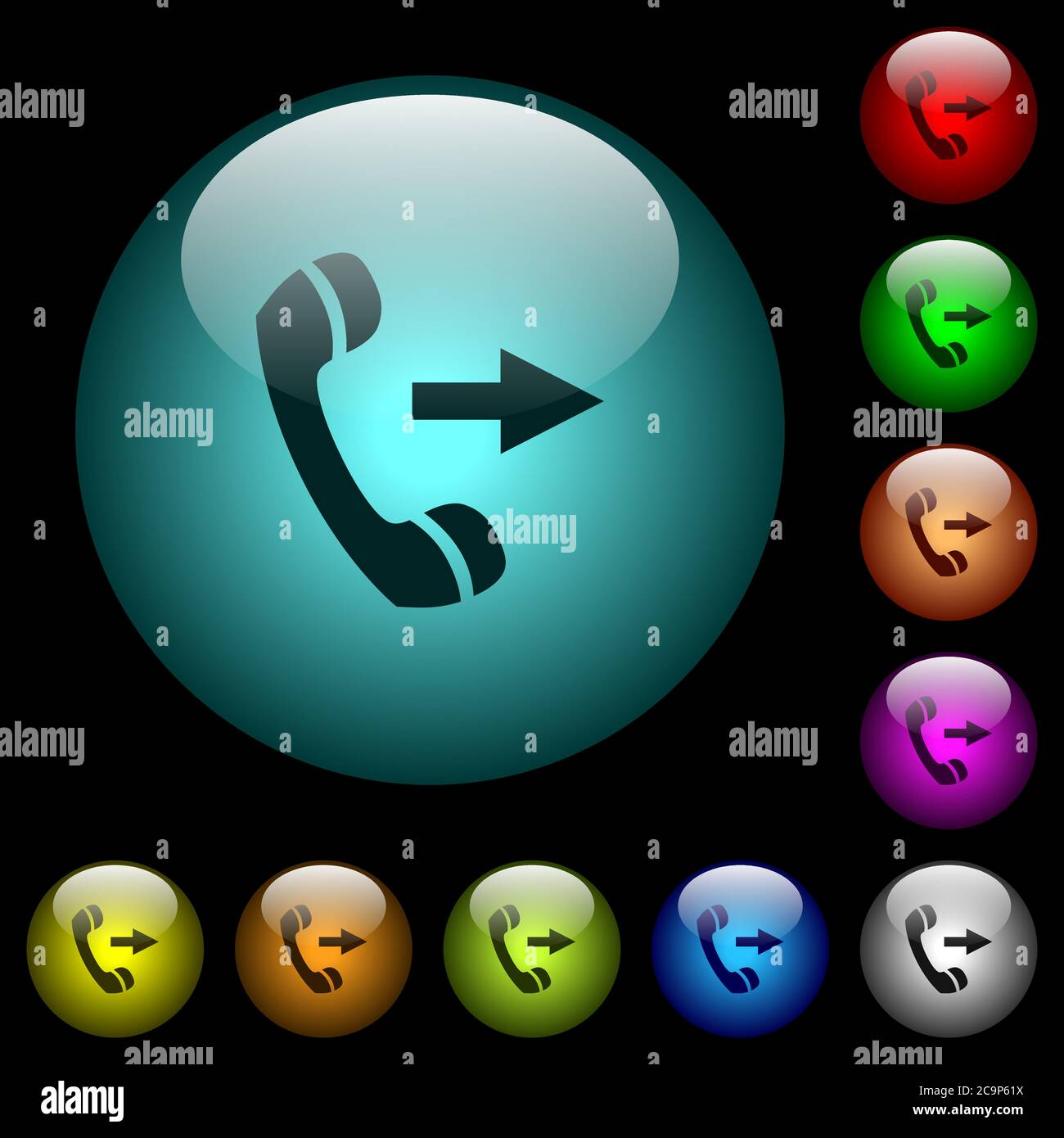 Outgoing phone call icons in color illuminated spherical glass buttons ...