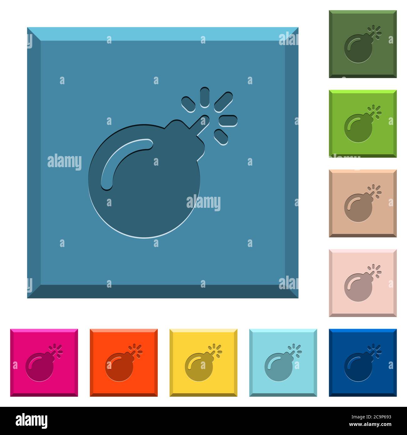 Bomb with sparkling fuse engraved icons on edged square buttons in ...