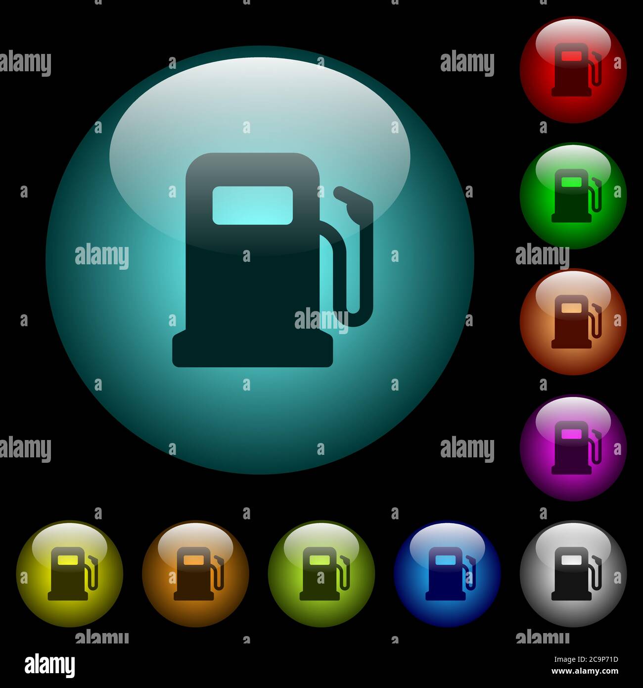 Gas station icons in color illuminated spherical glass buttons on black