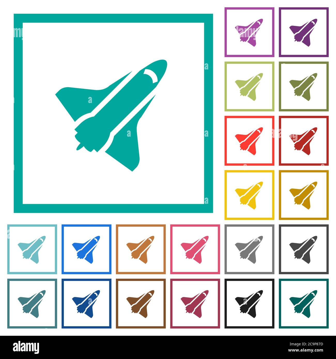 Space shuttle flat color icons with quadrant frames on white background Stock Vector