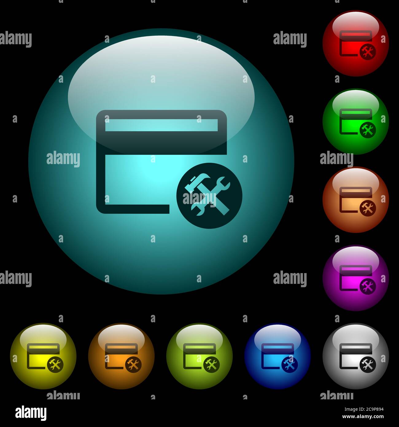 Credit card tools icons in color illuminated spherical glass buttons on ...