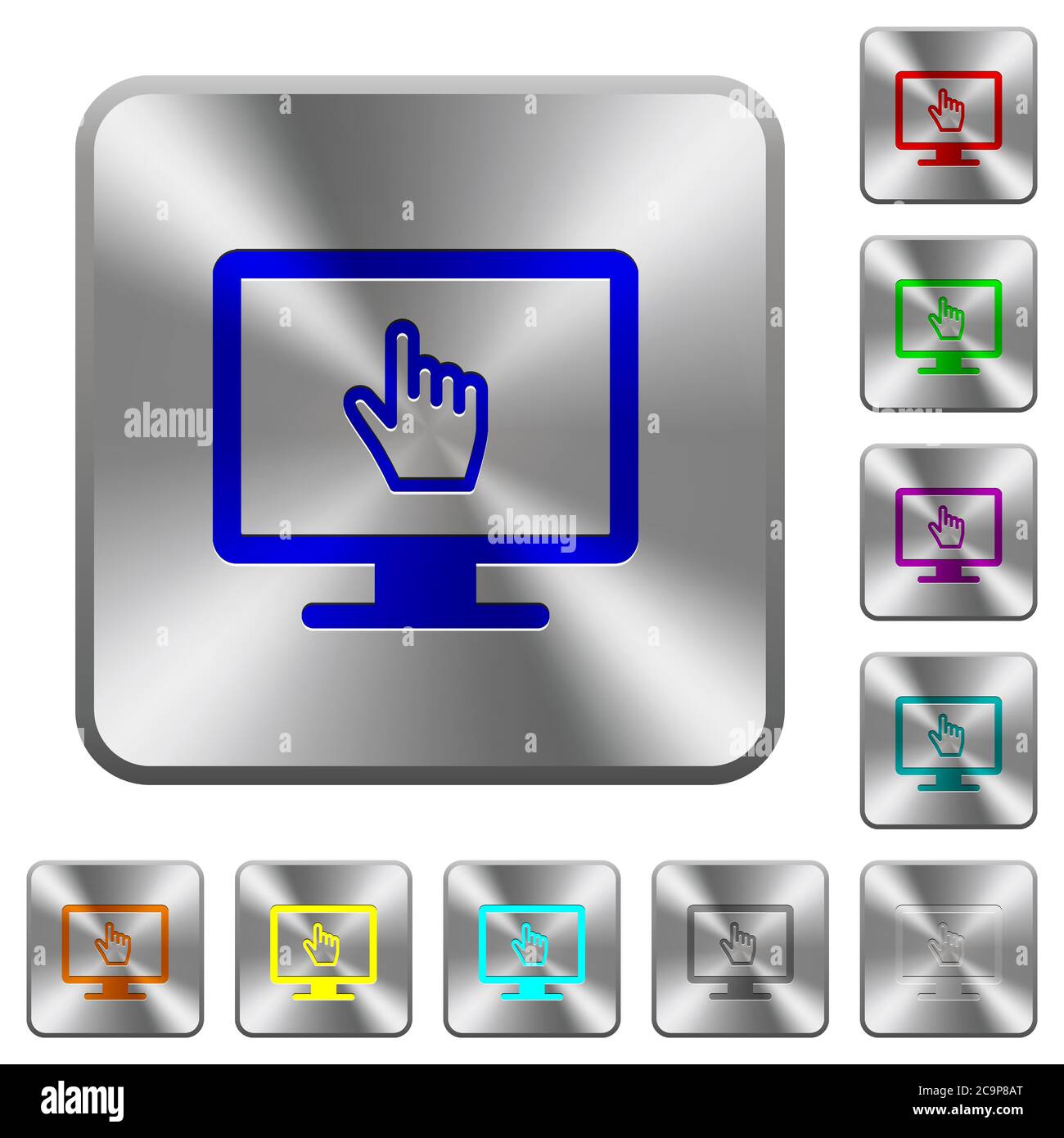 Monitor with pointing cursor engraved icons on rounded square glossy ...