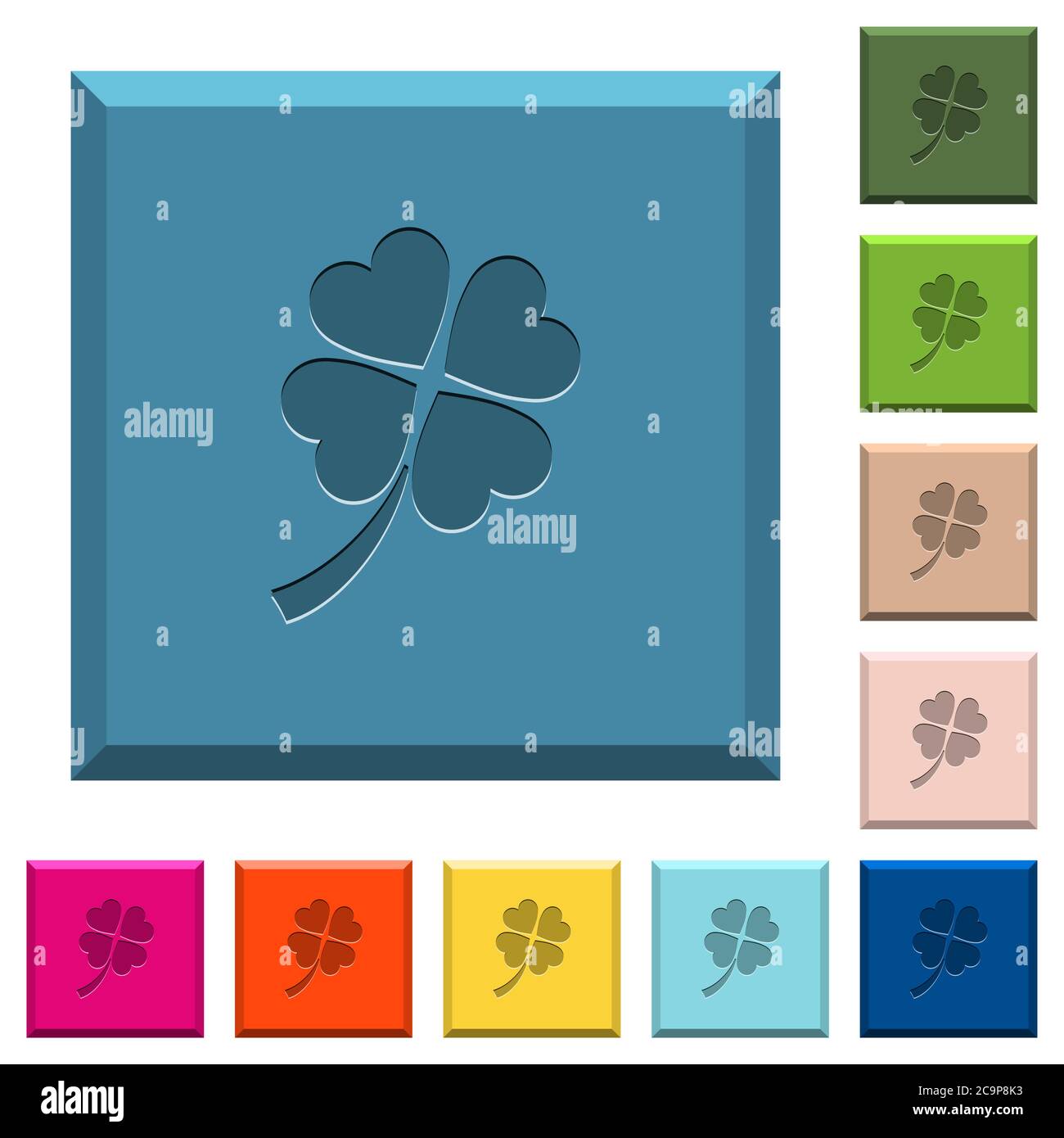 Four leaf clover engraved icons on edged square buttons in various ...