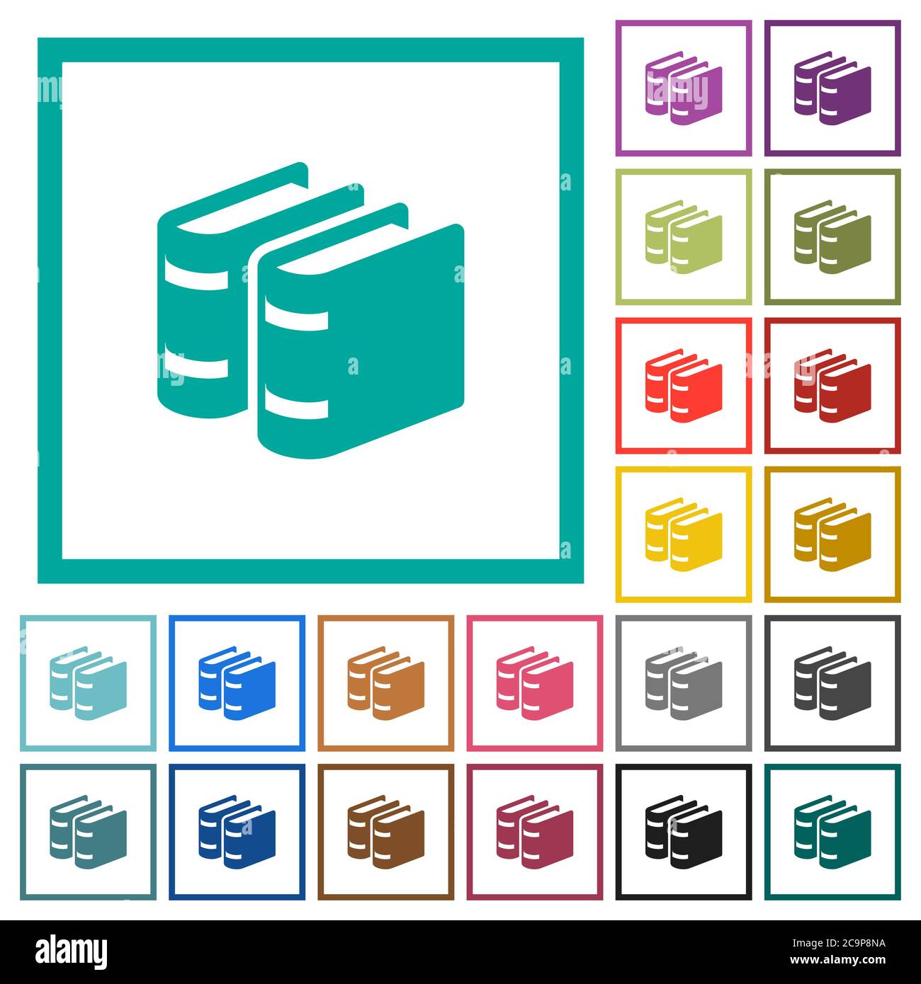 Two books flat color icons with quadrant frames on white background ...