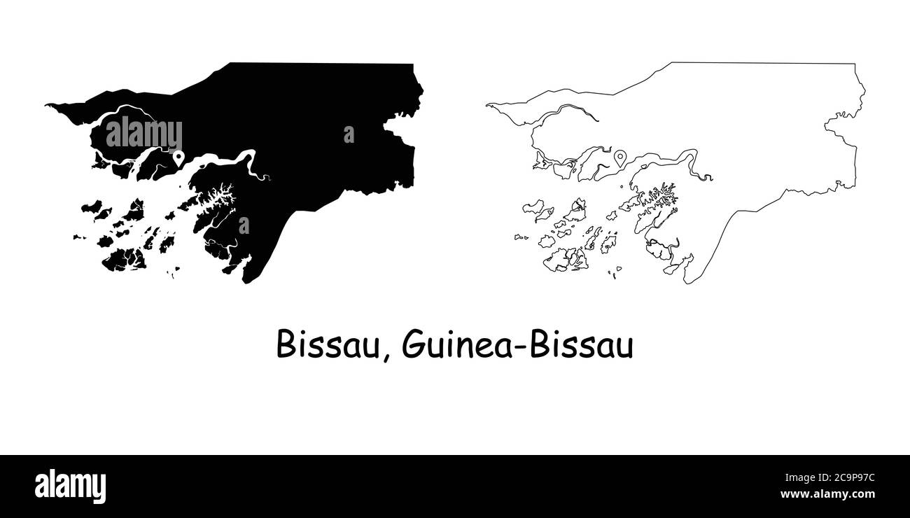 Bissau Guinea Bissau. Detailed Country Map with Location Pin on Capital City. Black silhouette and outline maps isolated on white background. EPS Vect Stock Vector