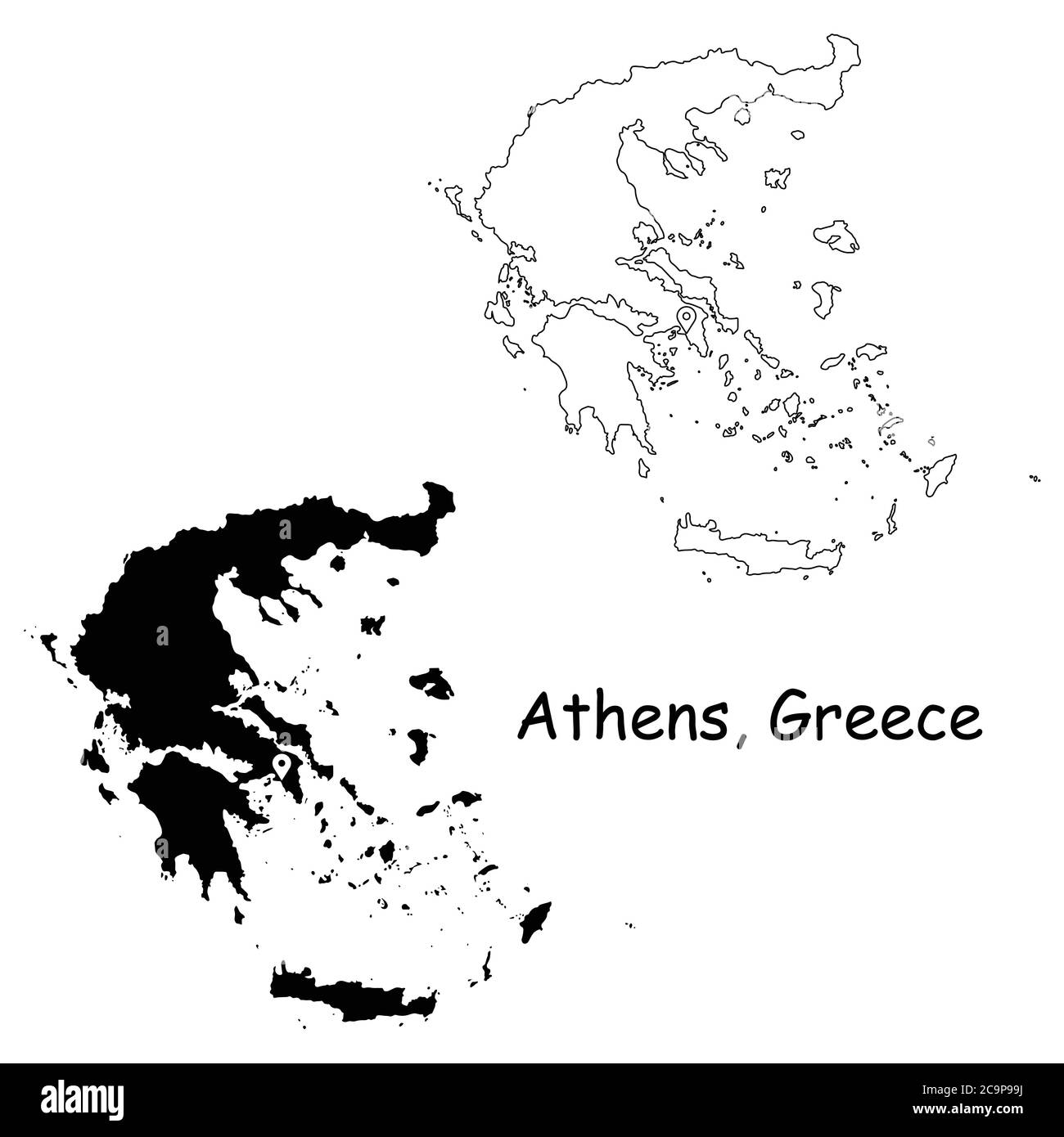 Athens Greece. Detailed Country Map with Location Pin on Capital City. Black silhouette and outline maps isolated on white background. EPS Vector Stock Vector