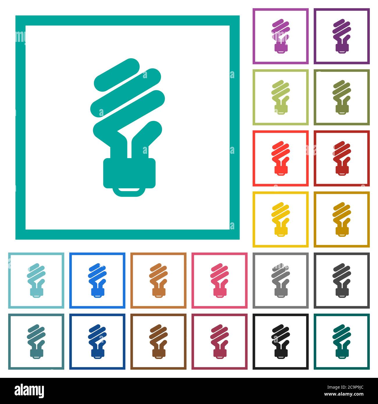 Energy saving fluorescent light bulb flat color icons with quadrant frames on white background Stock Vector