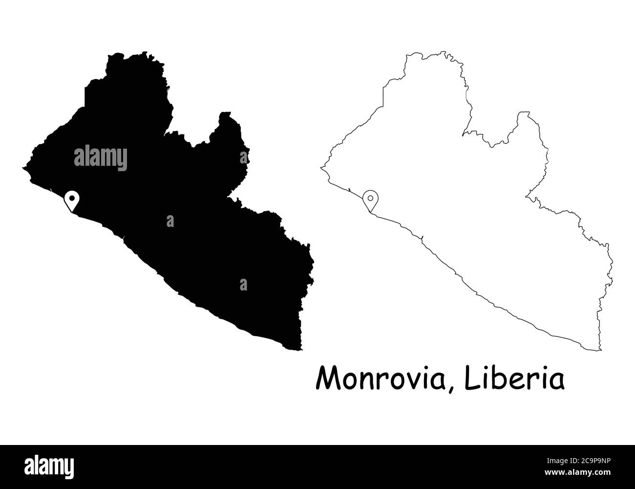 Monrovia Liberia. Detailed Country Map with Location Pin on Capital City. Black silhouette and outline maps isolated on white background. EPS Vector Stock Vector