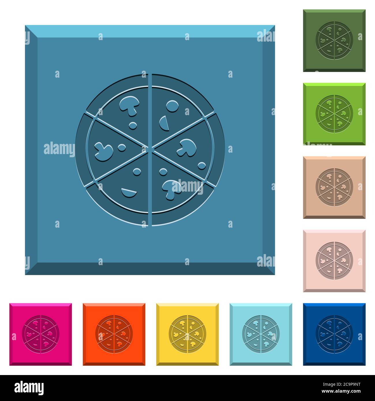 Pizza engraved icons on edged square buttons in various trendy colors ...