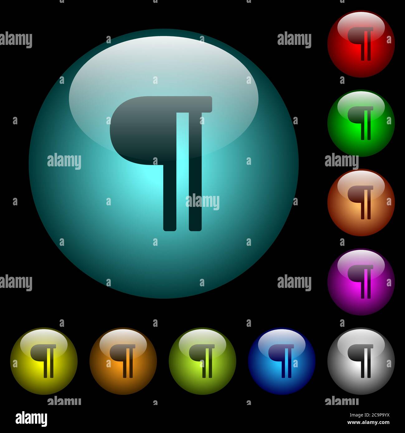 Text paragraph icons in color illuminated spherical glass buttons on