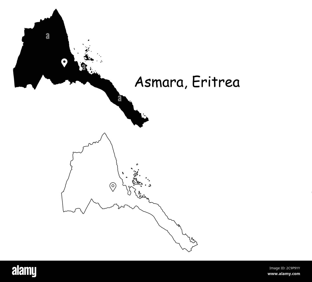 Asmara Eritrea. Detailed Country Map with Location Pin on Capital City. Black silhouette and outline maps isolated on white background. EPS Vector Stock Vector