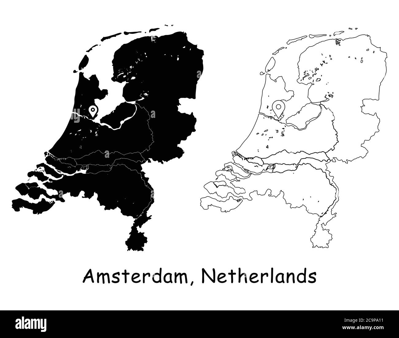 Amsterdam, Netherlands. Detailed Country Map with Location Pin on Capital City. Black silhouette and outline maps isolated on white background. EPS Ve Stock Vector