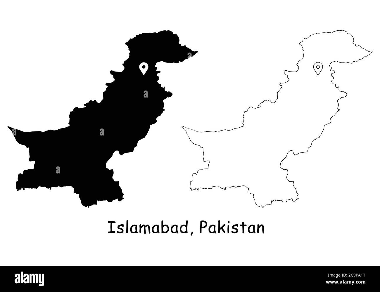 Islamabad, Islamic Republic of Pakistan. Detailed Country Map with Location Pin on Capital City. Black silhouette and outline maps isolated on white b Stock Vector