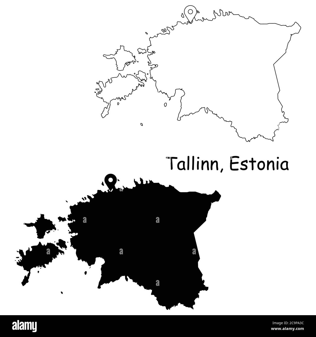 Tallinn Estonia. Detailed Country Map with Location Pin on Capital City. Black silhouette and outline maps isolated on white background. EPS Vector Stock Vector