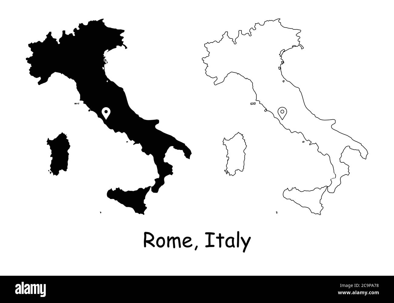 Rome Italy. Detailed Country Map with Location Pin on Capital City. Black silhouette and outline maps isolated on white background. EPS Vector Stock Vector