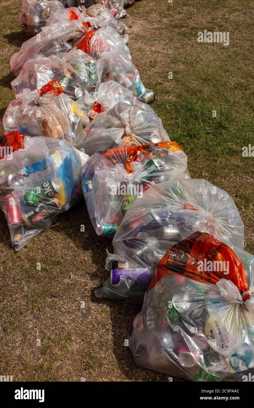 Bags of litter lined up in a campaign by Wandsworth Council to encourage people to take their litter home Stock Photo