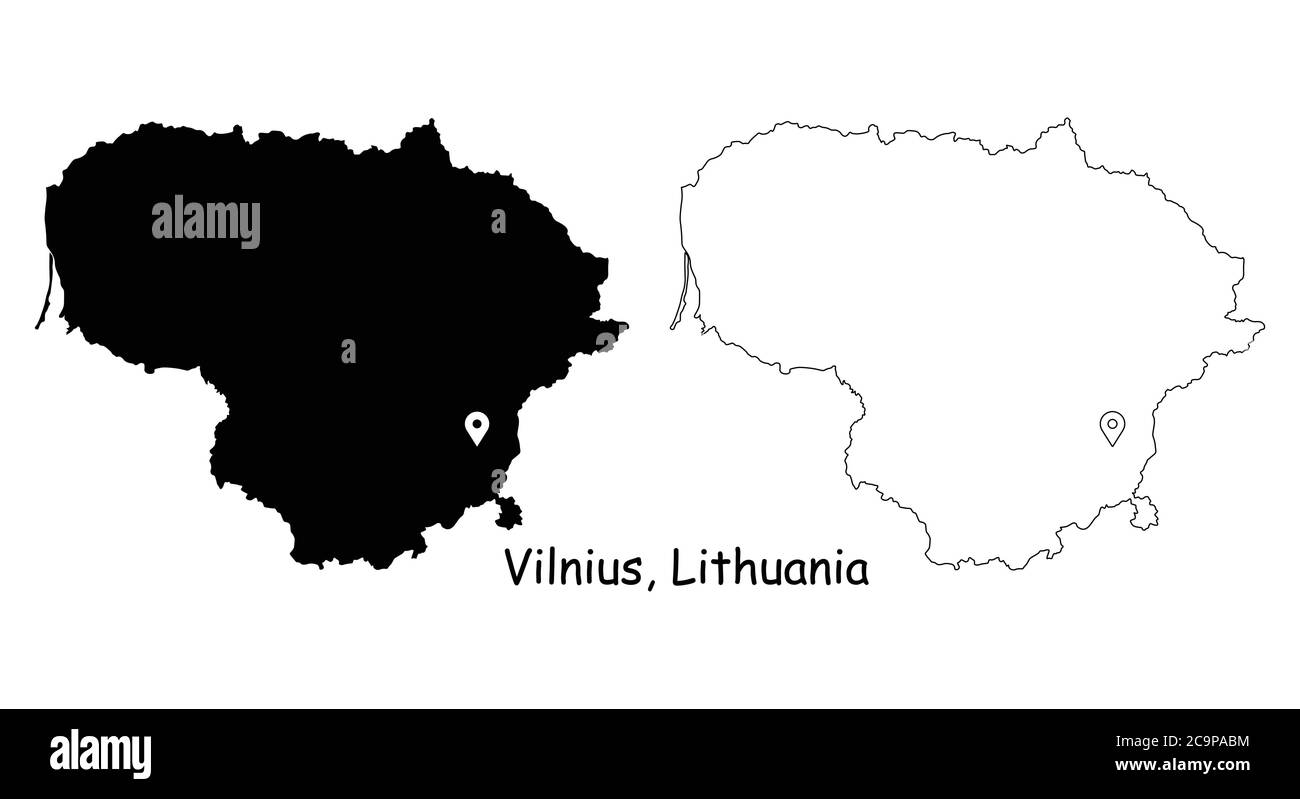 Vilnius Lithuania. Detailed Country Map with Location Pin on Capital City. Black silhouette and outline maps isolated on white background. EPS Vector Stock Vector