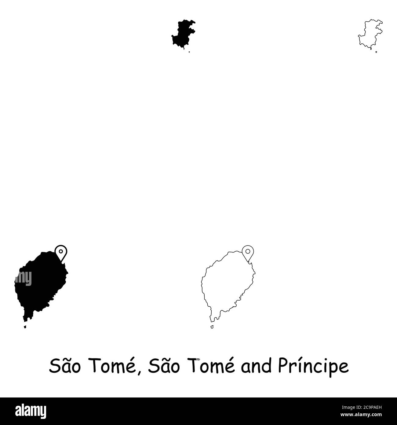 Sao Tome, Sao Tome and Principe. Detailed Country Map with Location Pin on Capital City. Black silhouette and outline maps isolated on white backgroun Stock Vector