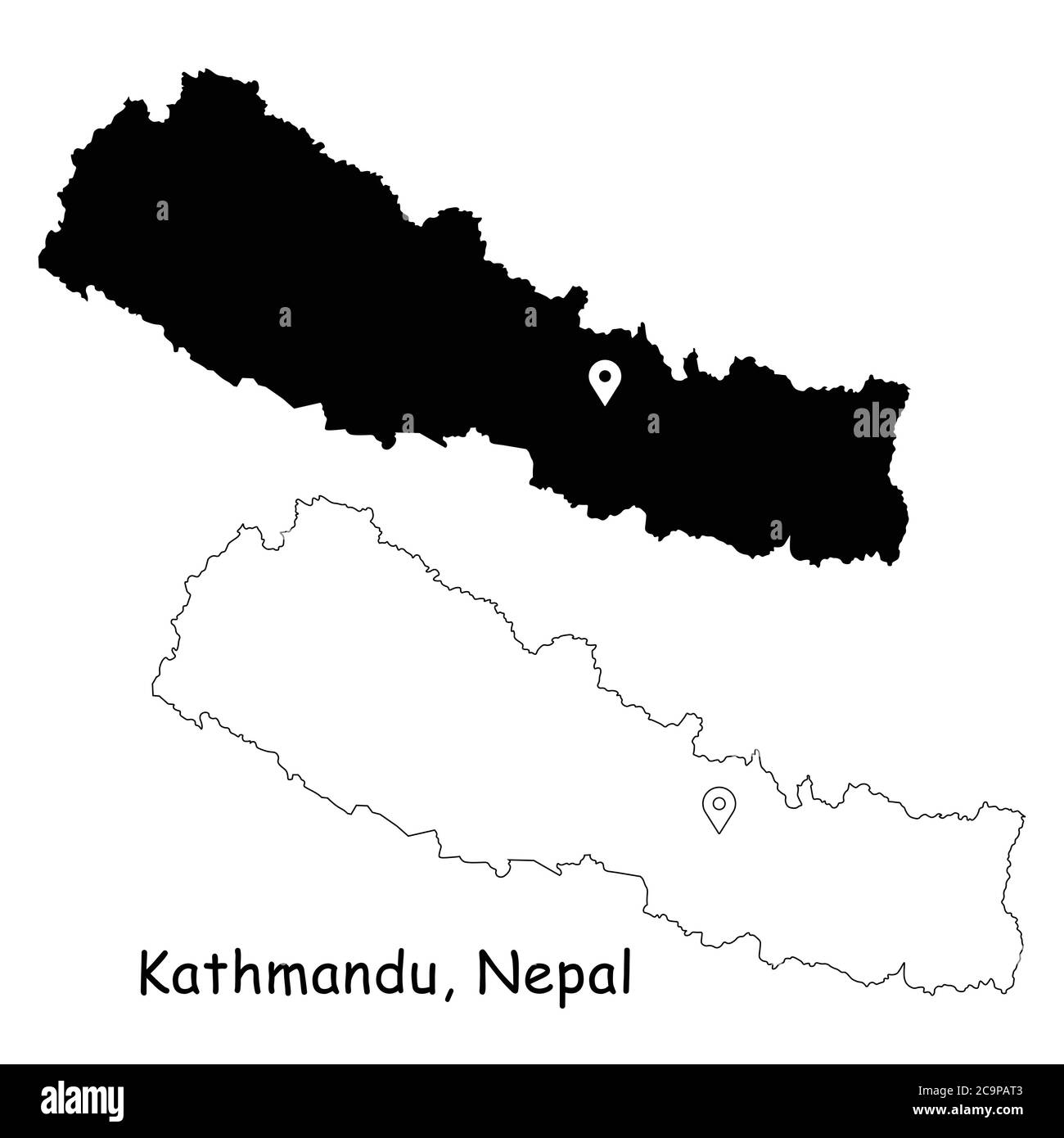 Kathmandu, Federal Democratic Republic of Nepal. Detailed Country Map with Location Pin on Capital City. Black silhouette and outline maps isolated on Stock Vector