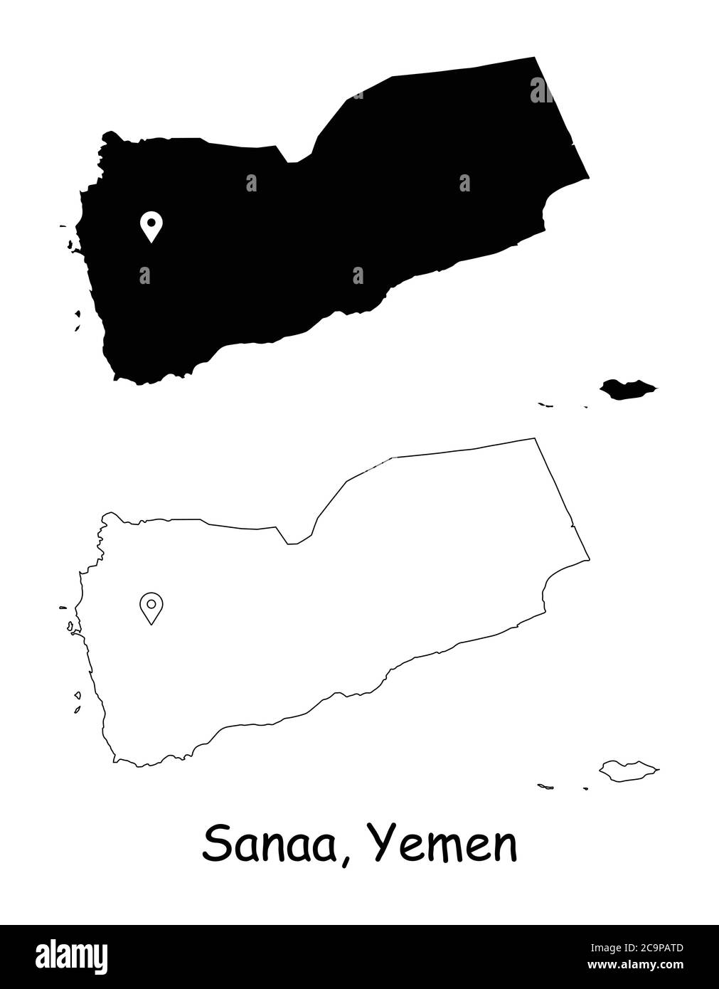 Sanaa, Yemen. Detailed Country Map with Location Pin on Capital City. Black silhouette and outline maps isolated on white background. EPS Vector Stock Vector
