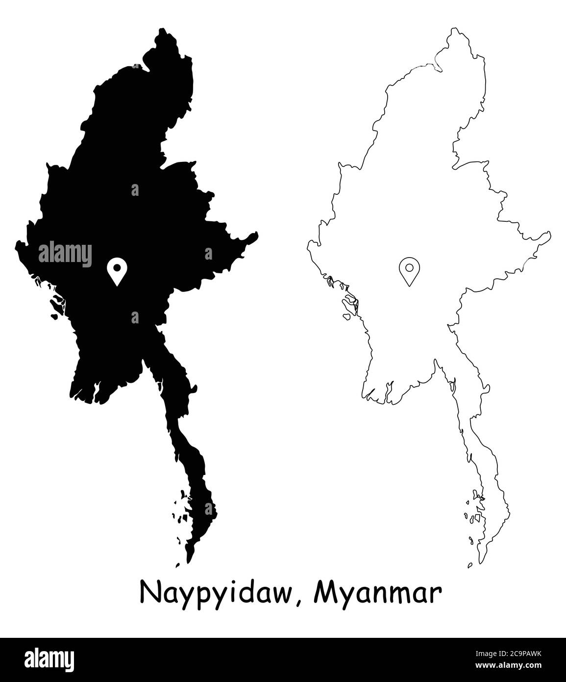 Naypyidaw, Myanmar. Detailed Country Map with Location Pin on Capital City. Black silhouette and outline maps isolated on white background. EPS Vector Stock Vector
