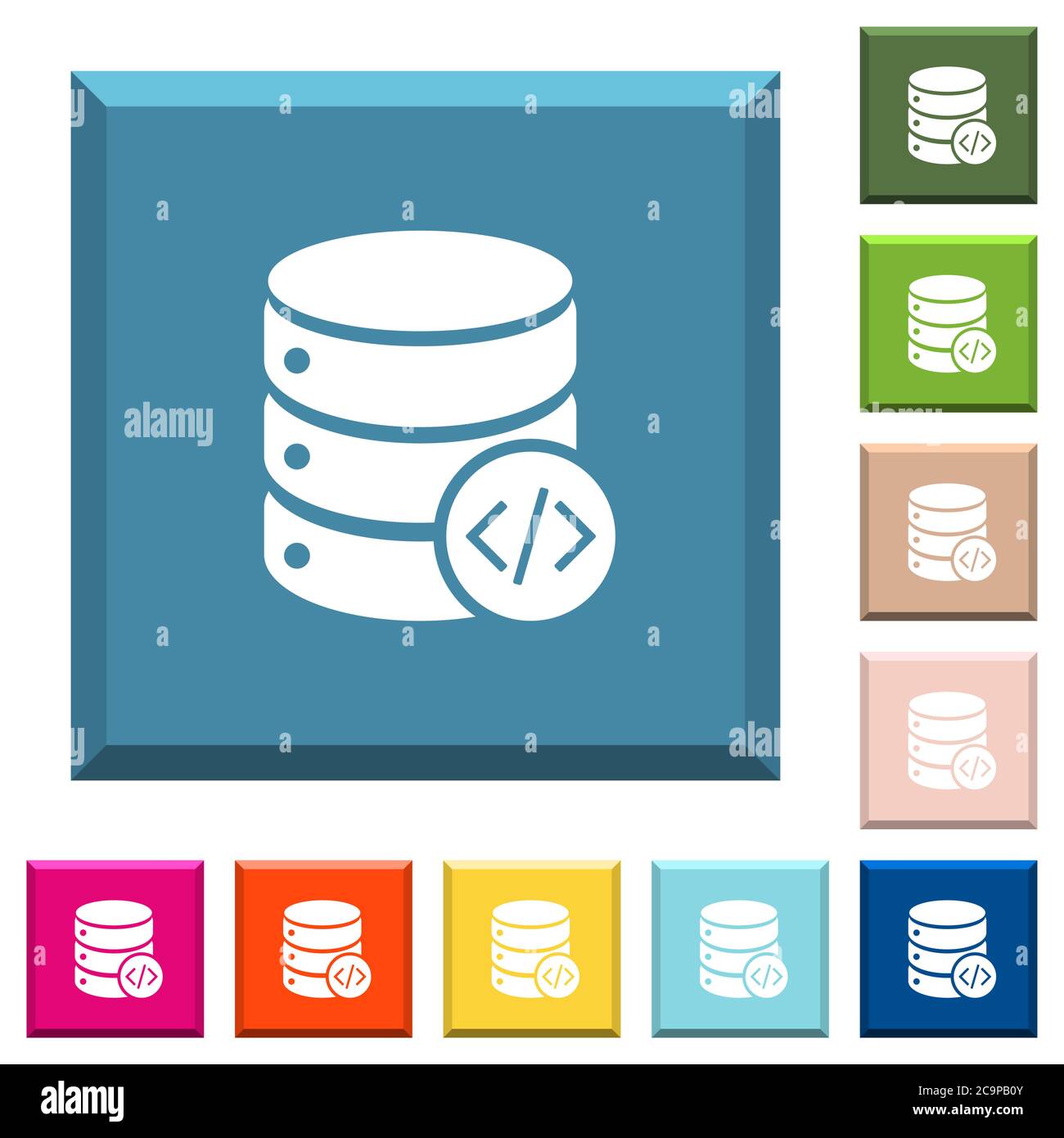 Database programming white icons on edged square buttons in various trendy colors Stock Vector