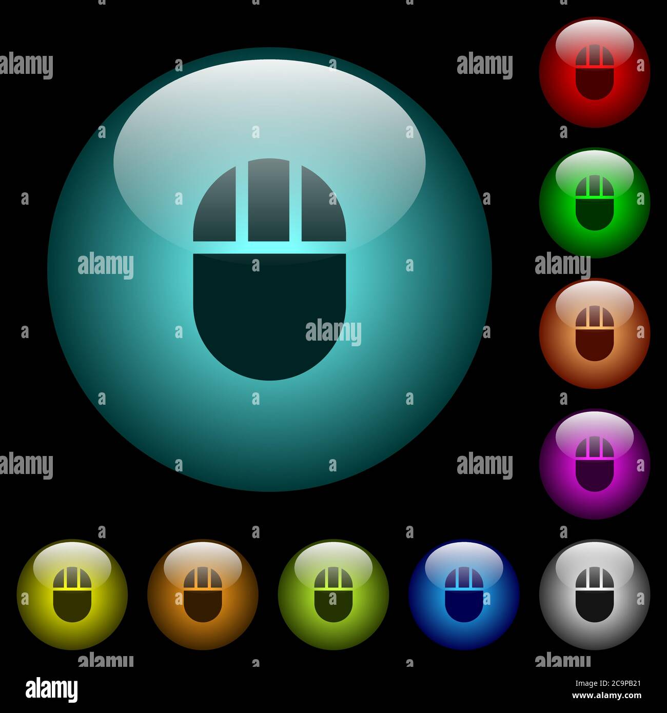 Three buttoned computer mouse icons in color illuminated spherical ...