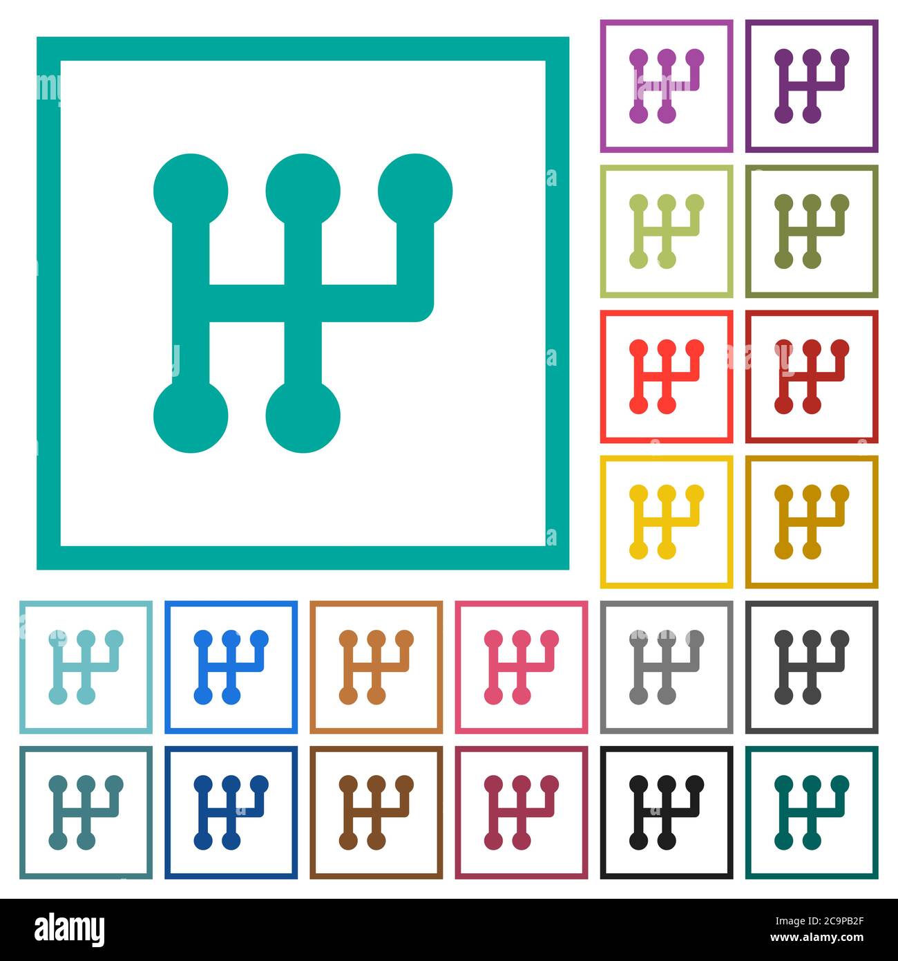 Manual shift flat color icons with quadrant frames on white background Stock Vector
