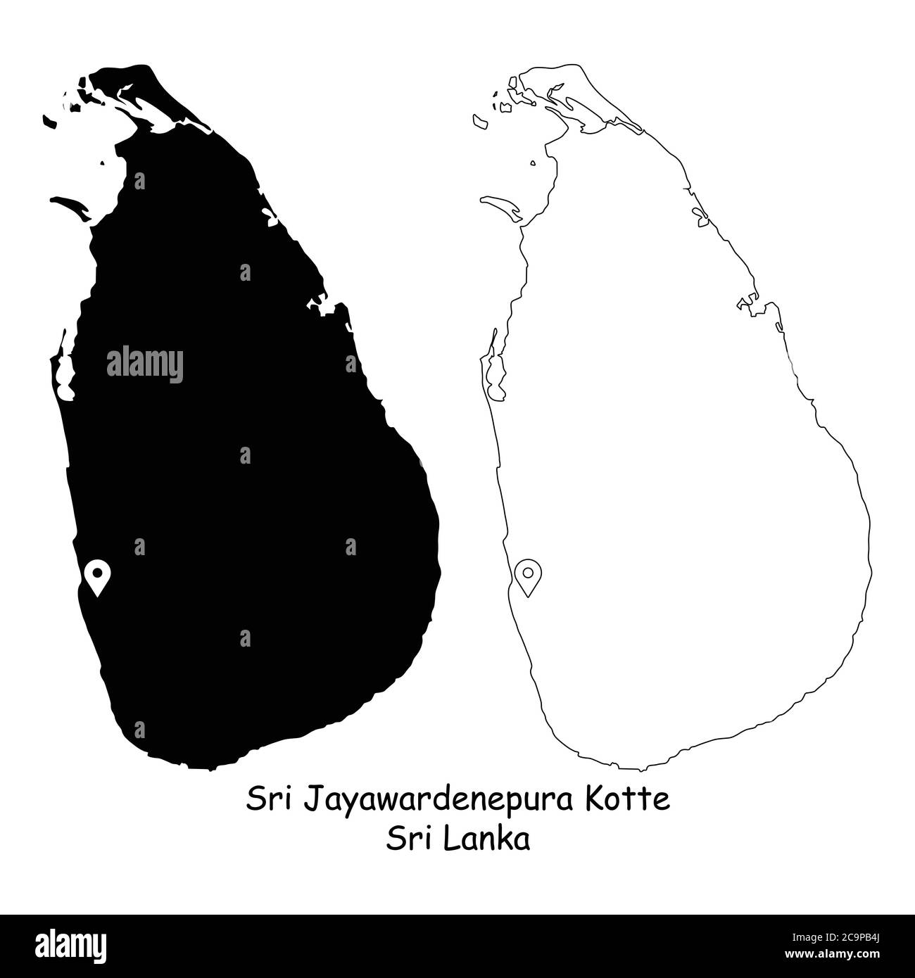 Sri Jayawardenepura Kotte, Sri Lanka. Detailed Country Map with Location Pin on Capital City. Black silhouette and outline maps isolated on white back Stock Vector