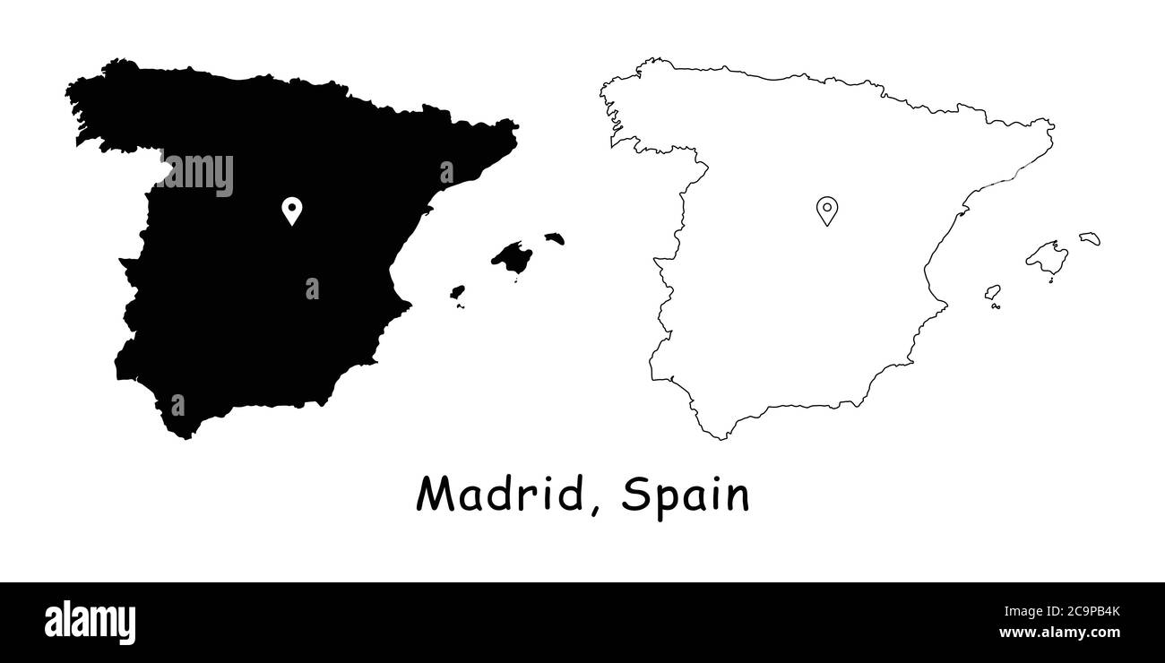 Madrid, Spain. Detailed Country Map with Location Pin on Capital City. Black silhouette and outline maps isolated on white background. EPS Vector Stock Vector