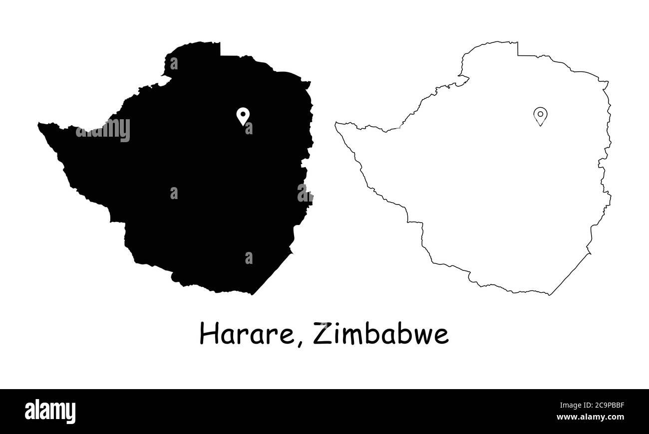 Harare, Zimbabwe. Detailed Country Map with Location Pin on Capital City. Black silhouette and outline maps isolated on white background. EPS Vector Stock Vector
