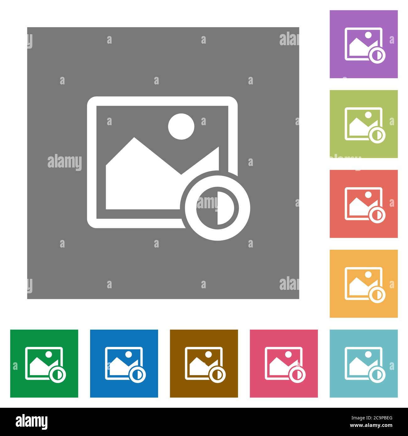 Adjust image contrast flat icons on simple color square backgrounds Stock Vector