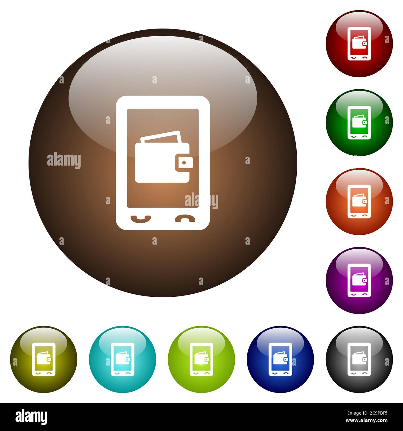 Mobile wallet white icons on round color glass buttons Stock Vector