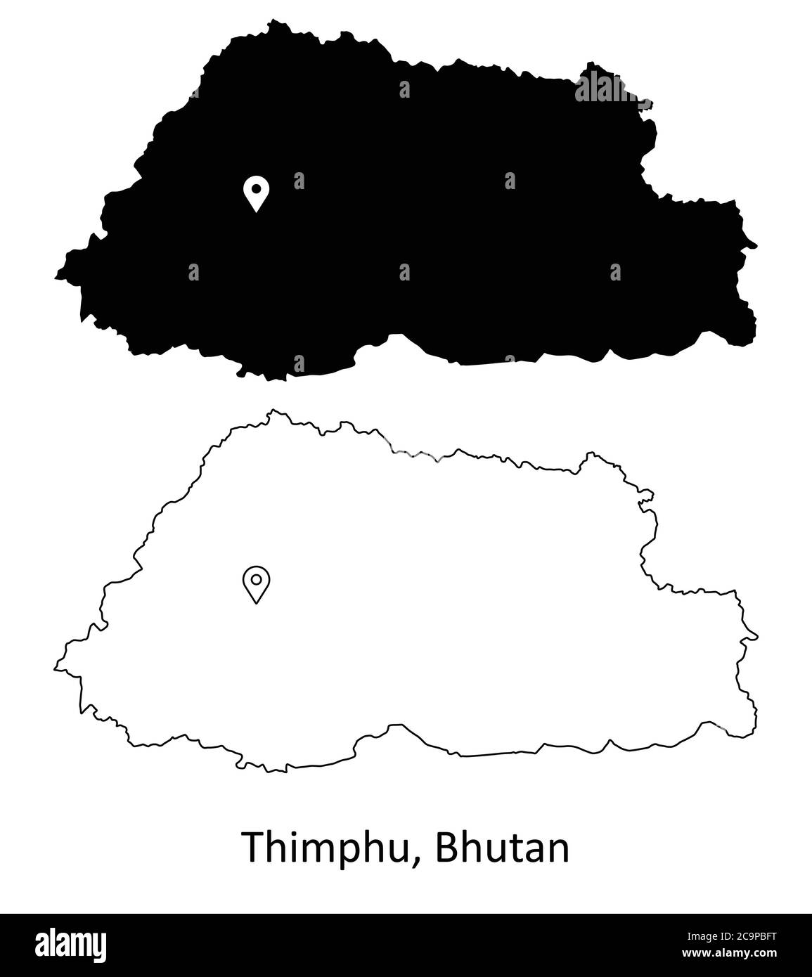 Thimphu Bhutan. Detailed Country Map with Location Pin on Capital City. Black silhouette and outline maps isolated on white background. EPS Vector Stock Vector