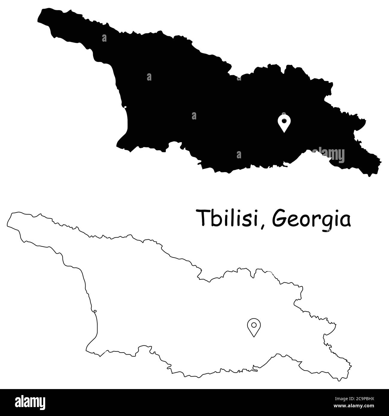 Tbilisi Georgia. Detailed Country Map with Location Pin on Capital City. Black silhouette and outline maps isolated on white background. EPS Vector Stock Vector