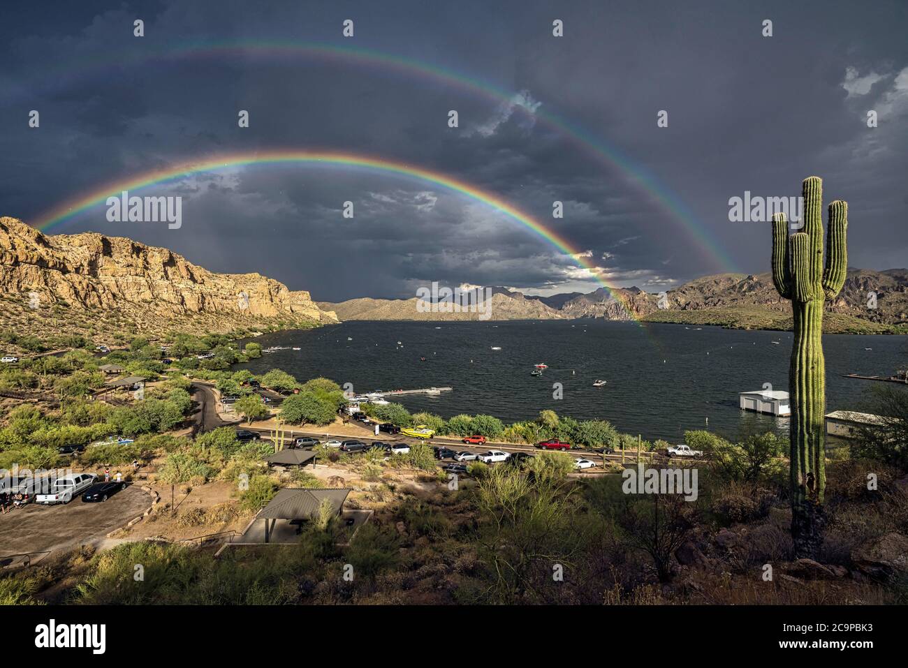 Double rainbow over Saguaro Lake in the Sonoran Desert near Phoenix ...