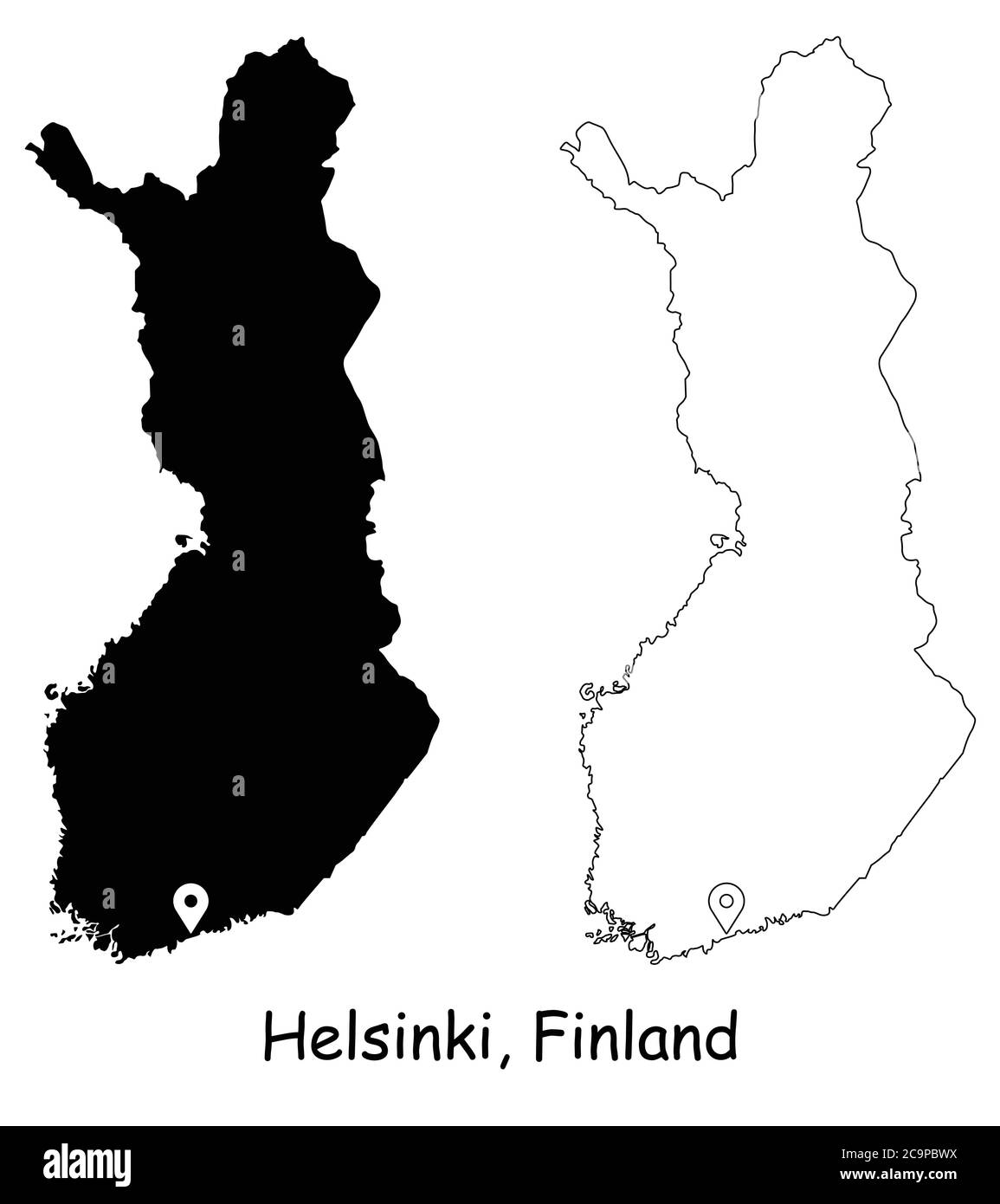 Helsinki Finland. Detailed Country Map with Location Pin on Capital City. Black silhouette and outline maps isolated on white background. EPS Vector Stock Vector