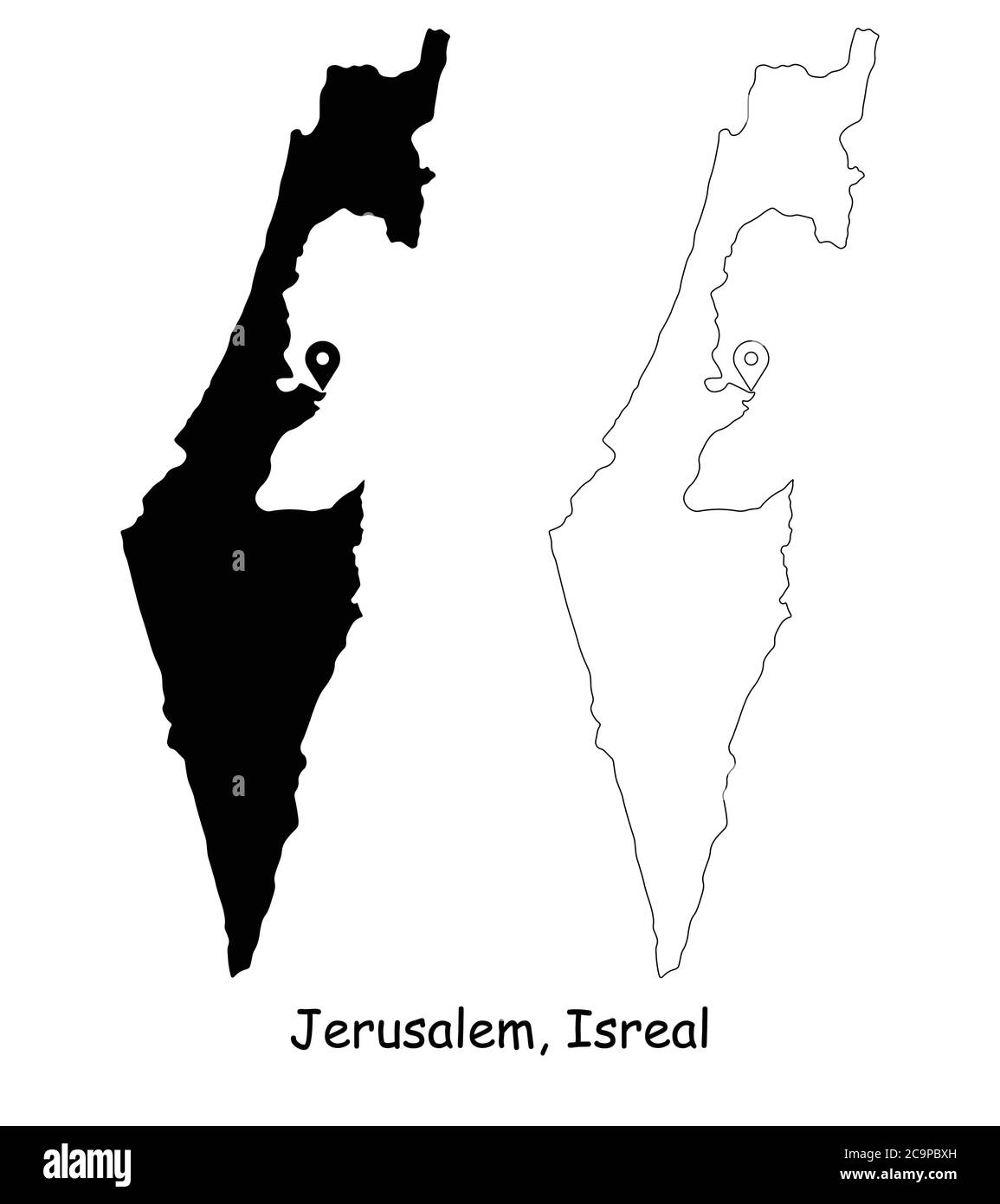 Jerusalem Israel. Detailed Country Map with Location Pin on Capital City. Black silhouette and outline maps isolated on white background. EPS Vector Stock Vector
