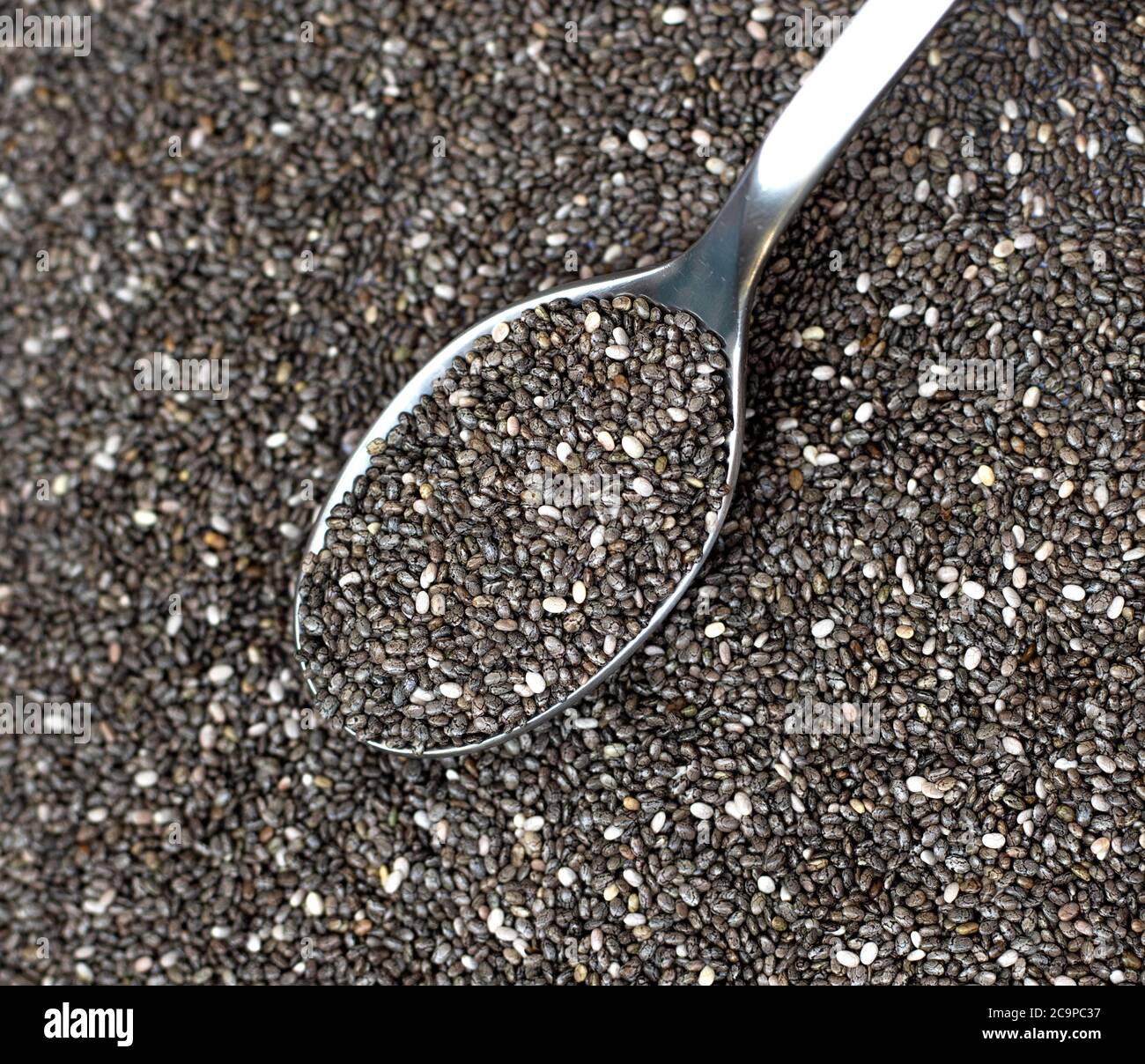 Dark and light colored chia seeds in metal spoon Stock Photo