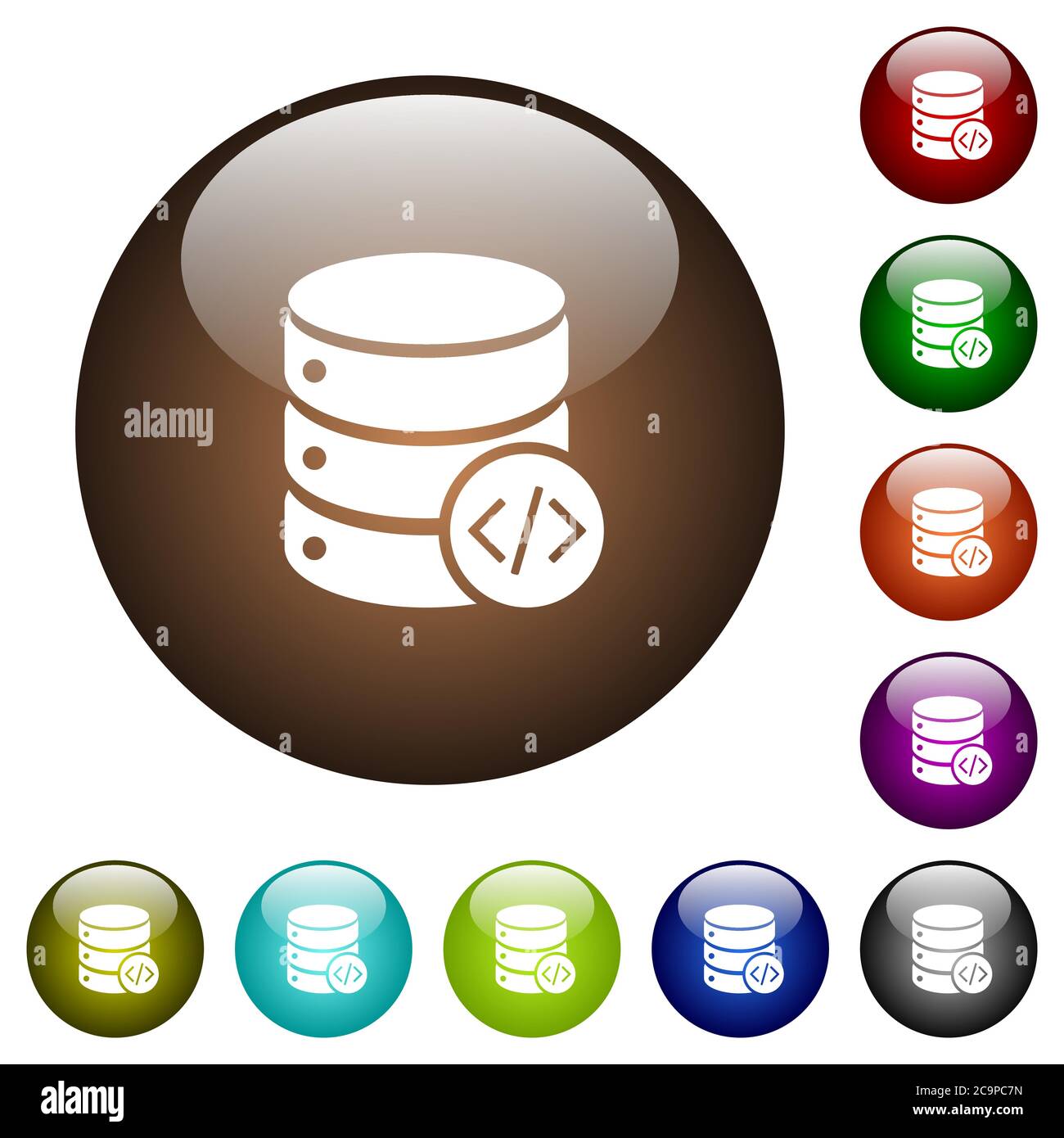 Database programming white icons on round color glass buttons Stock Vector