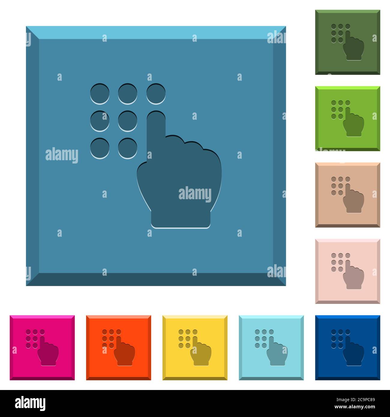 Typing security code engraved icons on edged square buttons in various trendy colors Stock Vector