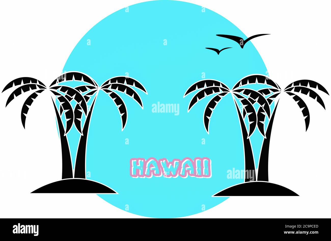 Stylized palm trees silhouettes and seagulls with Hawaii writing. Stock Photo