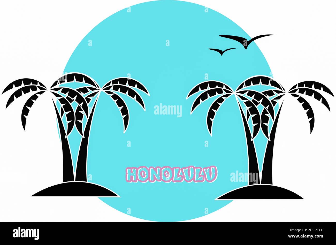 Stylized palm trees silhouettes and seagulls with Honolulu writing. Stock Photo
